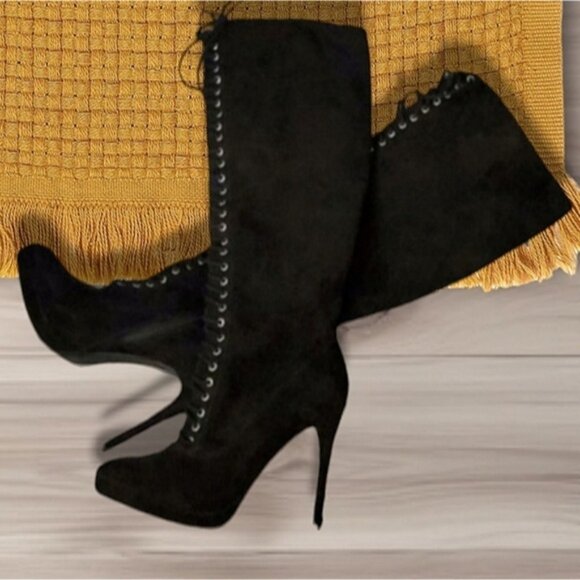 Black Eyelet Lace Up Platform Suedette Boots - Picture 5 of 16